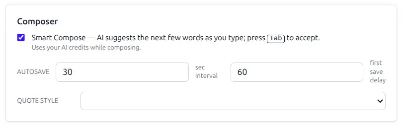 The Composer settings panel with a Smart Compose checkbox, explaining that AI suggests the next few words and Tab accepts them