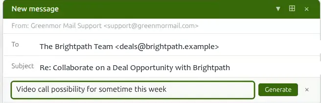 The GreenmorMail composer with a one-line instruction typed into the AI prompt bar and a Generate button beside it