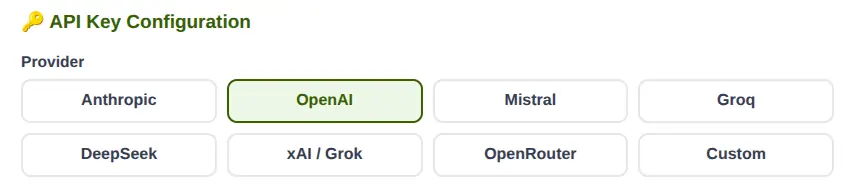 The provider picker offering Anthropic, OpenAI, Mistral, Groq, DeepSeek, xAI Grok, OpenRouter and a Custom option