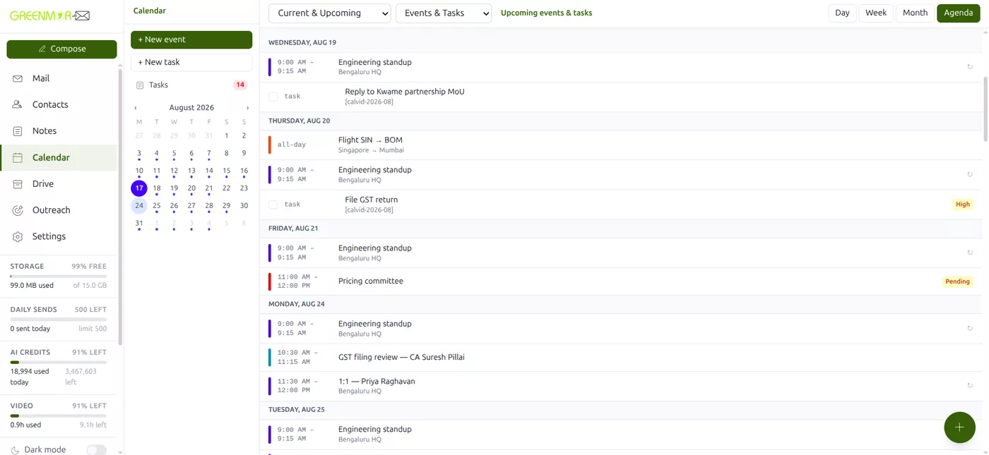 Agenda view in GreenmorMail Calendar listing upcoming events and tasks in date order with a filter for events, tasks or both