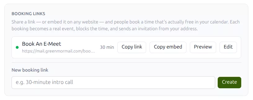 Booking links in GreenmorMail Calendar settings, showing a thirty-minute link with buttons to copy the link, copy the embed code, preview or edit it