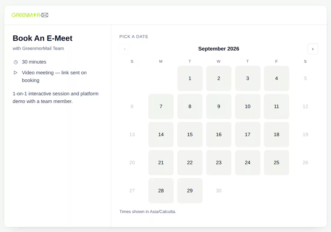 The public GreenmorMail booking page for a thirty-minute meeting, showing a month of selectable dates and the visitor's own timezone