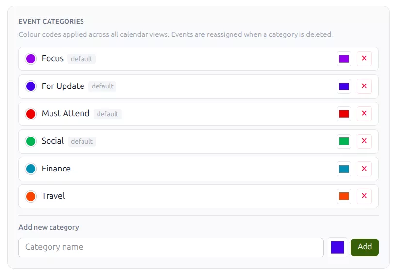 Event categories in GreenmorMail Calendar settings: Focus, For Update, Must Attend, Social, Finance and Travel, each with a colour swatch, and a field to add a new one