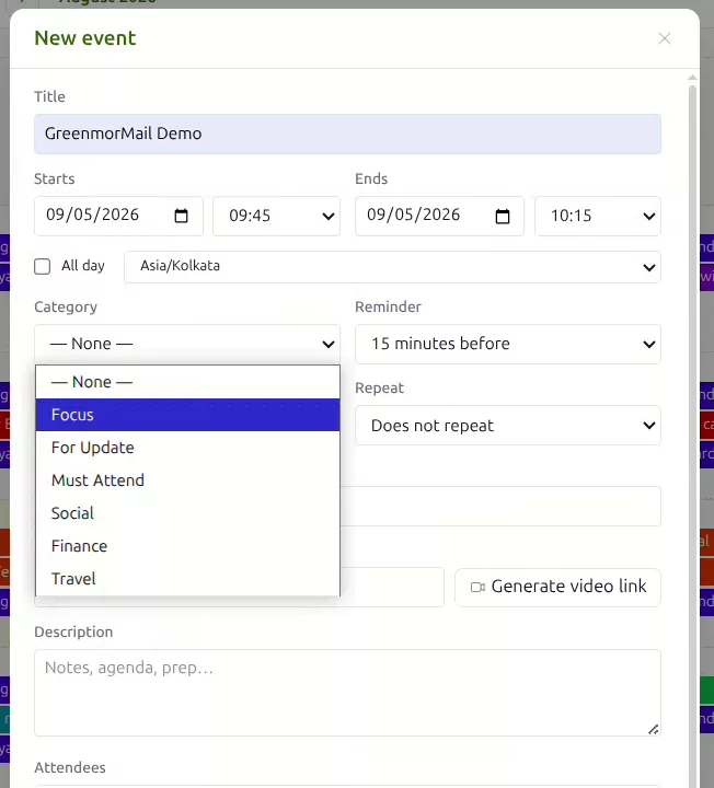 The Category menu open on a GreenmorMail event, listing Focus, For Update, Must Attend, Social, Finance and Travel