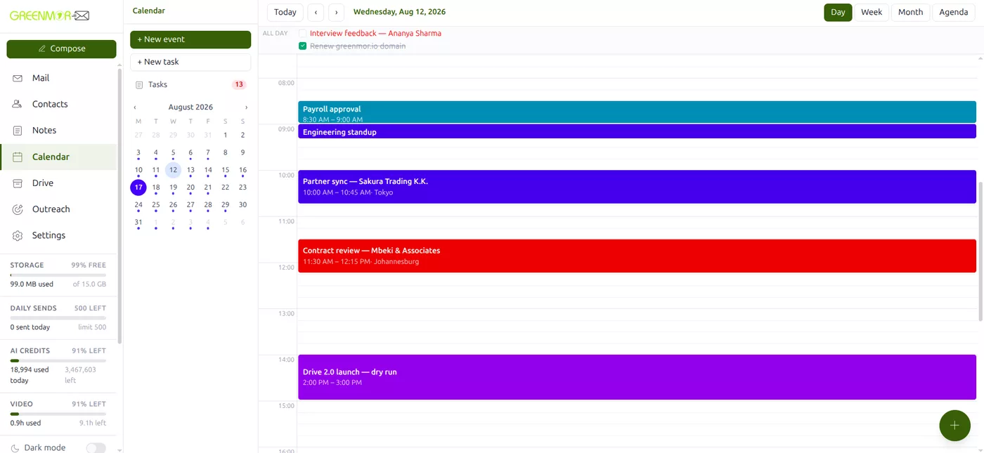 Day view in GreenmorMail Calendar with a single day expanded across the full width and events shown at their exact times