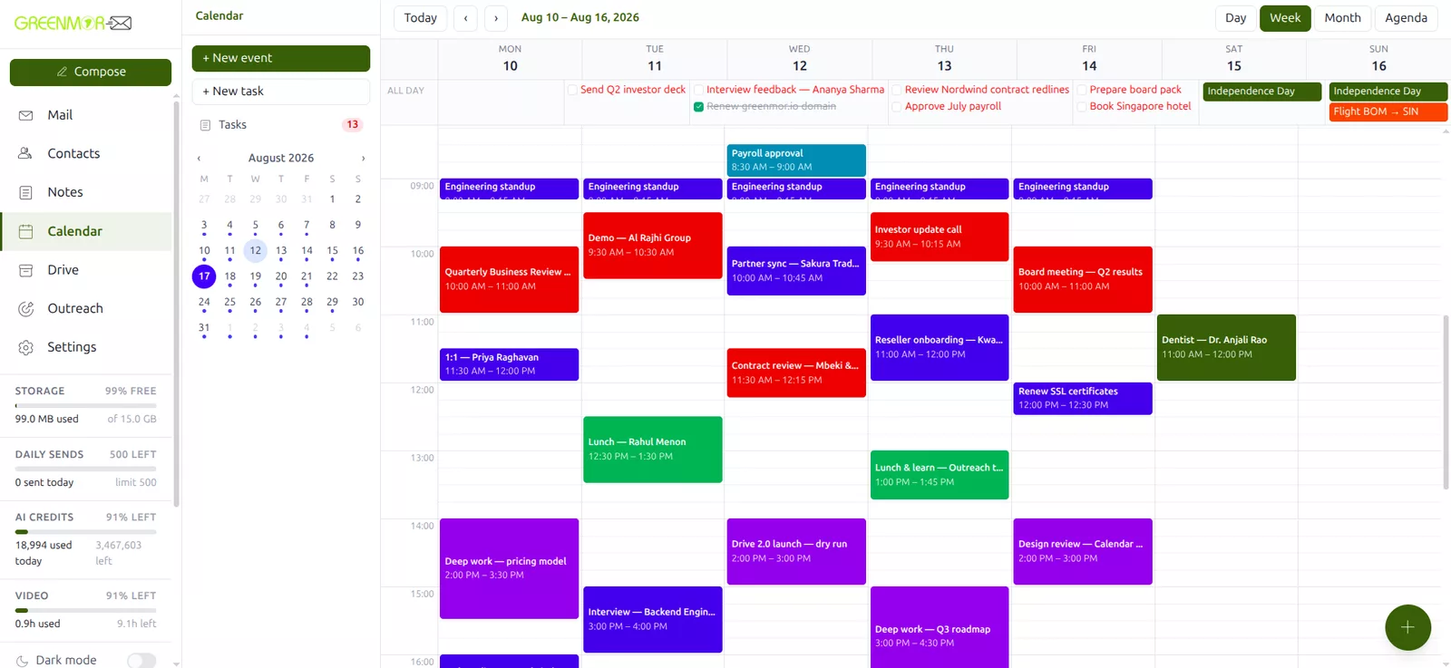 The GreenmorMail calendar in week view, with colour-coded categories and the mini month calendar in the side rail