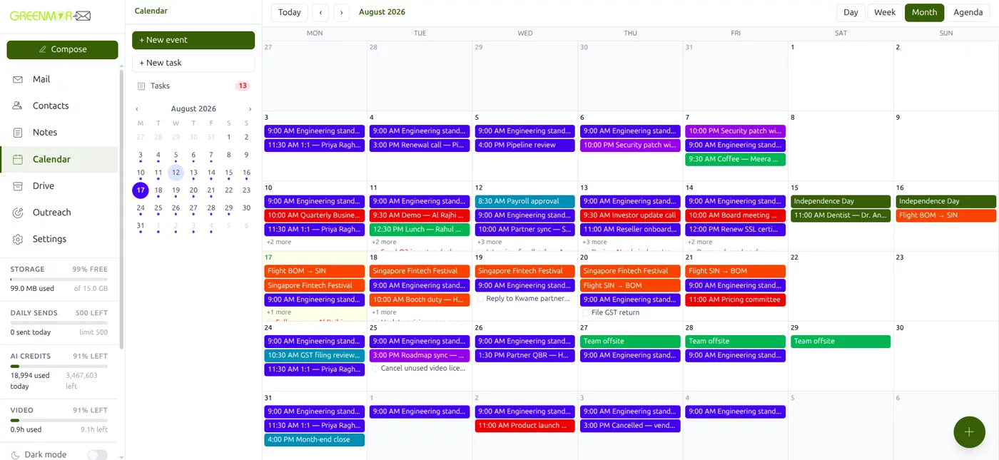 Month view in GreenmorMail Calendar showing a full month grid with colour-coded events on each day