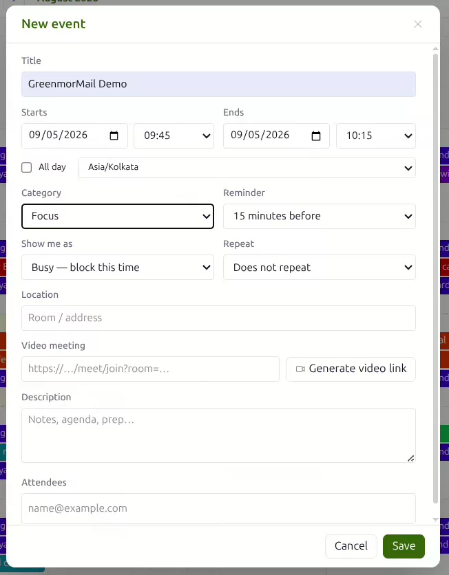 The New event form in GreenmorMail Calendar with fields for title, start and end, category, reminder, show me as, repeat, location, video meeting, description and attendees