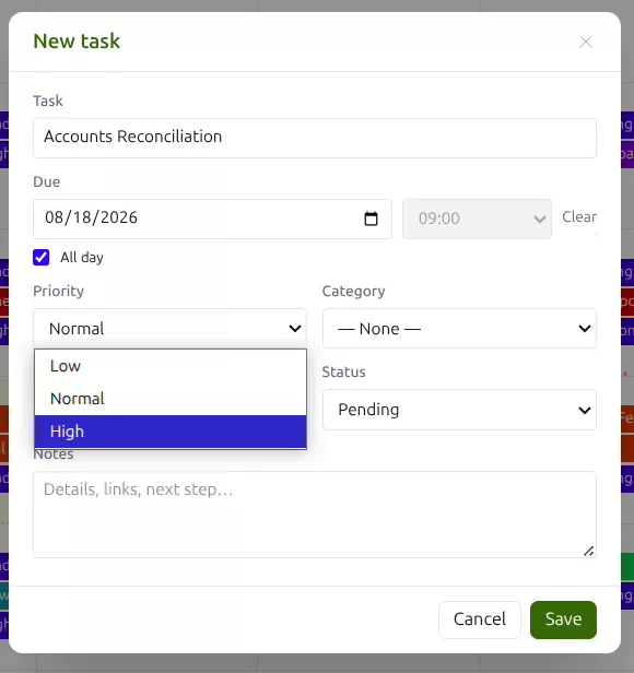 The New task form in GreenmorMail Calendar with a title, due date, all-day tick box, priority menu open on low, normal and high, category, status and notes