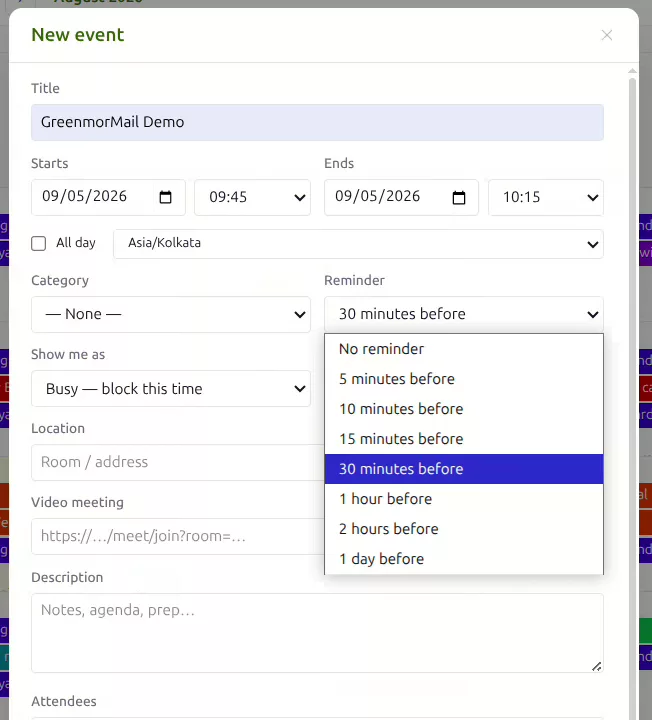 The Reminder menu open on a GreenmorMail event, offering five, ten, fifteen or thirty minutes, one hour, two hours or one day before