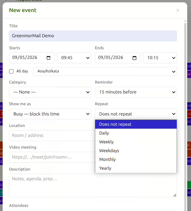 The Repeat menu open on a GreenmorMail event, offering daily, weekly, weekdays, monthly and yearly recurrence