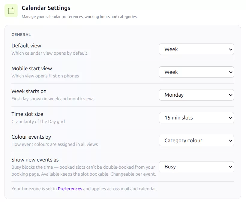 Calendar settings in GreenmorMail: default view, mobile start view, the day the week starts on, time slot size, how events are coloured and whether new events show as busy