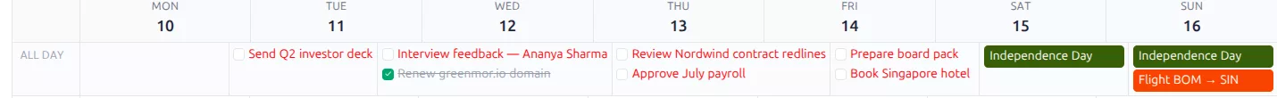 Tasks shown with tick boxes along the all-day strip of week view in GreenmorMail Calendar, one of them already completed and struck through