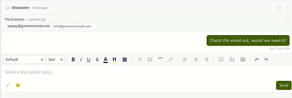 The discussion composer with a formatting toolbar, attachment and emoji buttons, and a sent message shown as a green bubble