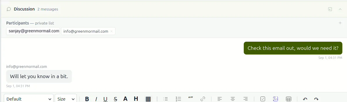 A discussion under an email showing a question and a colleague's reply, with the participants listed above