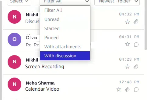 The inbox filter menu open, showing With discussion below Filter All, Unread, Starred, Pinned and With attachments