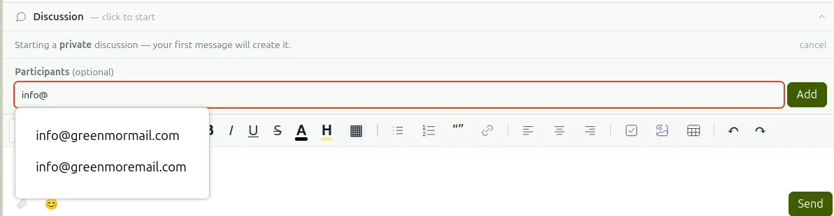 Starting a private discussion, with a participants field suggesting addresses from contacts as you type