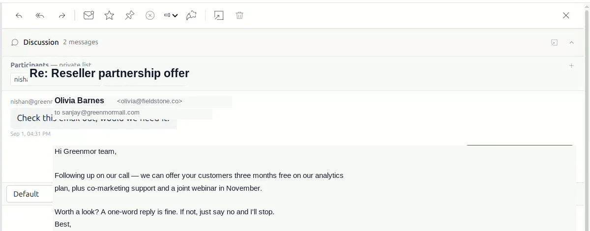 The full mailbox with a colleague's reply written in the discussion panel, above the email it concerns