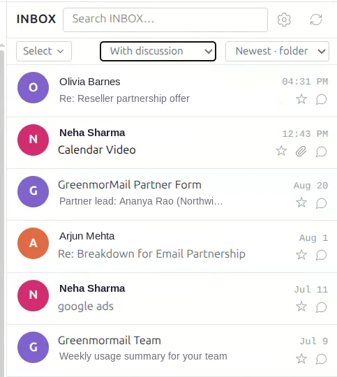 The inbox filtered to show only emails that have a discussion attached