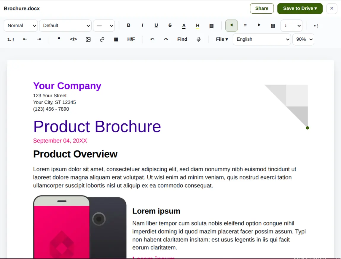 A Word document open for editing inside GreenmorMail Drive, showing a formatted product brochure with headings, body text and an image, with Share and Save to Drive in the title bar