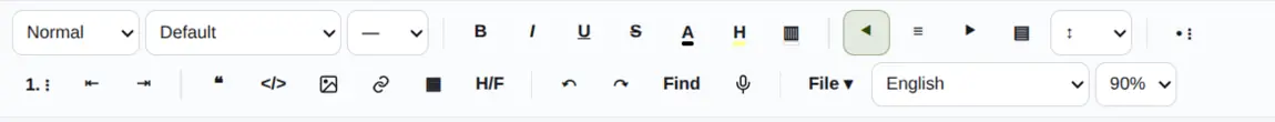 The document editor toolbar in GreenmorMail with controls for paragraph style, font, bold, italic, underline, colour, lists, indent, quote, code, image, link, table, headers and footers, find, voice typing and zoom