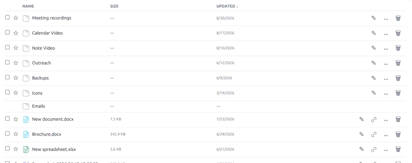 The Drive file list with columns for name, size and when each file was updated, a star against each row and actions to download, share, move or delete