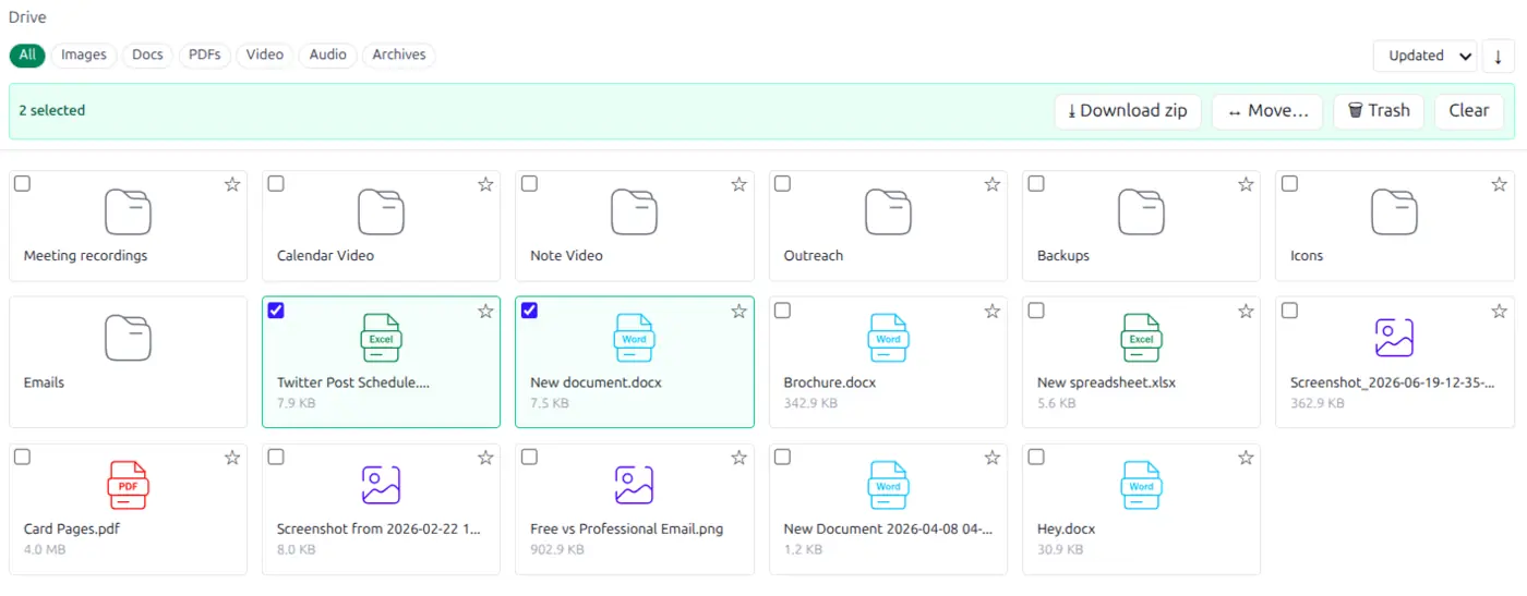 Drive in grid view, showing folders and files as tiles with file-type icons and two of them ticked for a bulk action