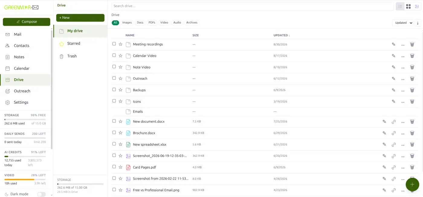GreenmorMail Drive showing a file list with names, types, sizes and dates, and the storage meter in the rail