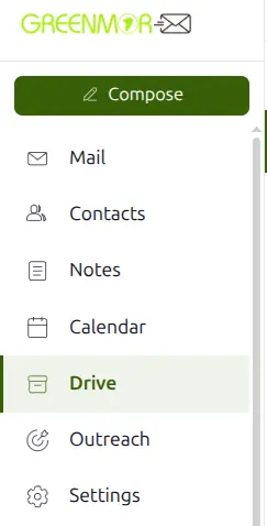 The GreenmorMail app rail showing Mail, Contacts, Notes, Calendar, Drive, Outreach and Settings, with Drive selected
