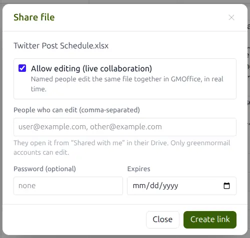 The Share file dialog in GreenmorMail Drive with a tick box to allow live editing, a field for the people who may edit, an optional password and an expiry date, and a Create link button