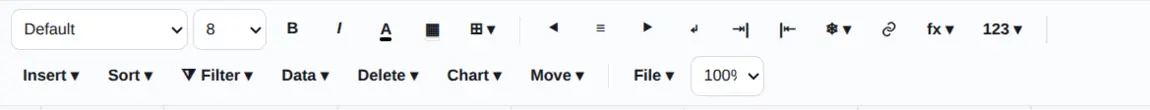 The spreadsheet toolbar in GreenmorMail with font and size, bold, italic, colour, fill, borders, alignment, wrapping, freeze, link, formula and number format, plus insert, sort, filter, data, delete, chart and move menus