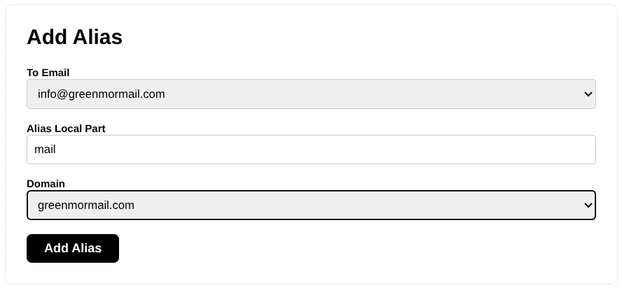 The Add Alias form, choosing a target mailbox, an alias name and a domain