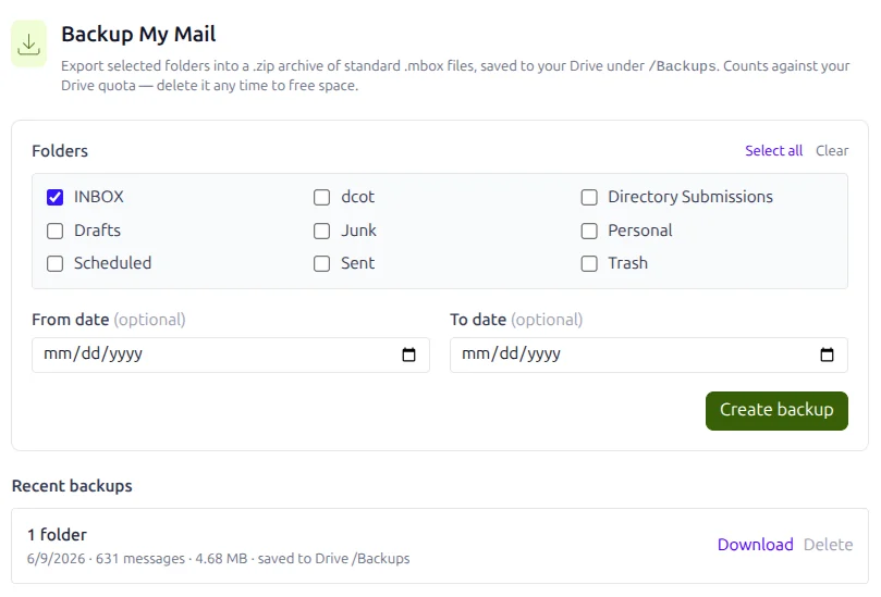 Backup My Mail, with folder checkboxes, an optional date range and a list of recent backups
