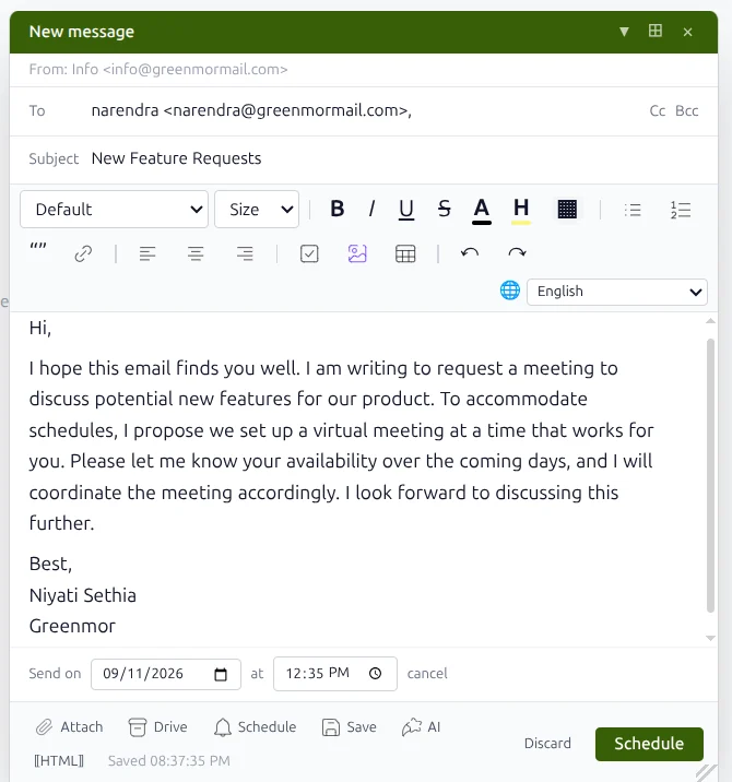 The compose window with a formatting toolbar, message body and attachment options