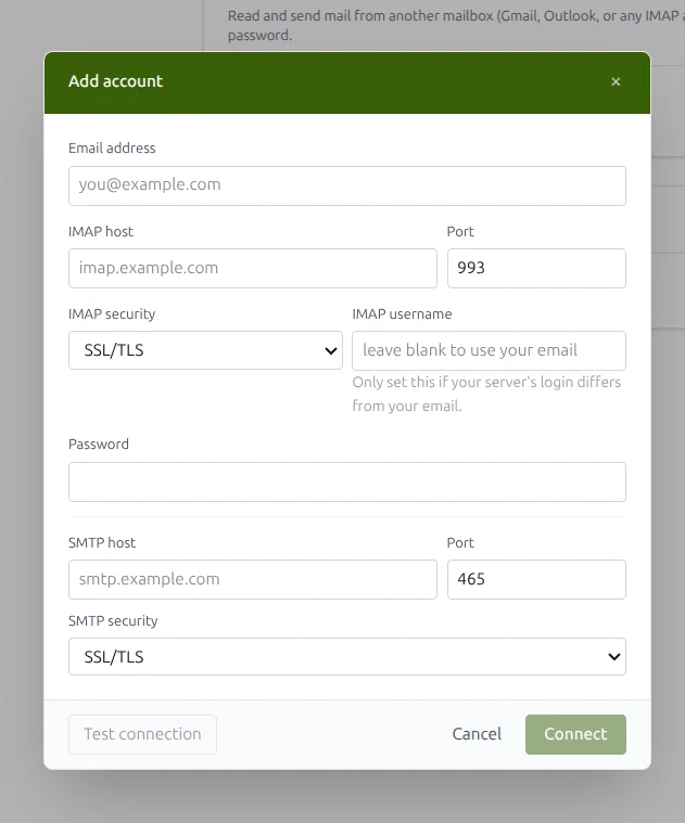 The Add account dialog with IMAP and SMTP host, port, security and password fields