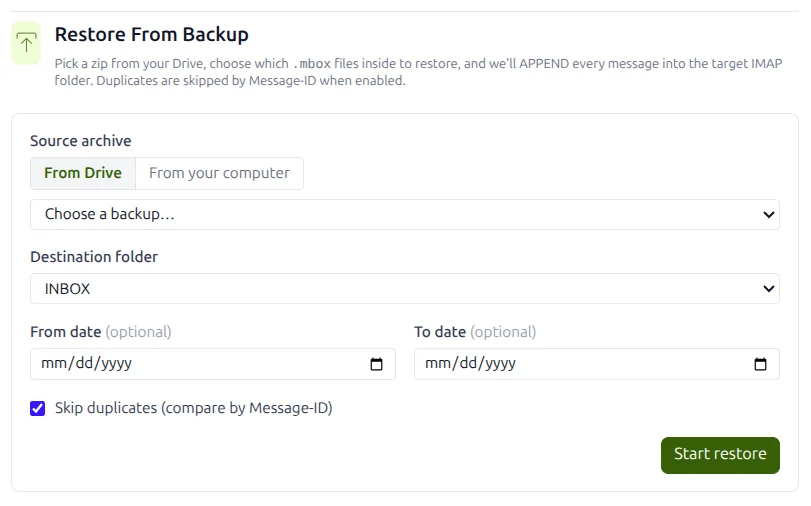 Restore From Backup, choosing an archive from Drive, a destination folder and duplicate skipping