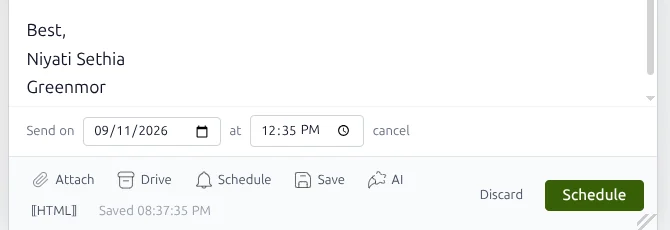 The schedule row in the composer, with a send date and time and the Schedule button