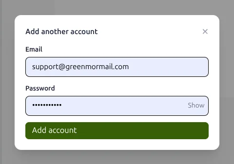 The Add another account dialog, with an email address and password