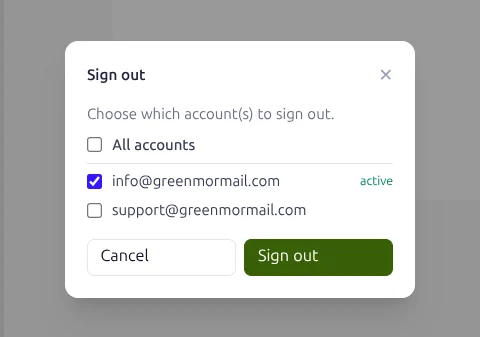 The Sign out dialog, offering to sign out of selected accounts or all of them