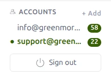 The account switcher listing two mailboxes with their unread counts