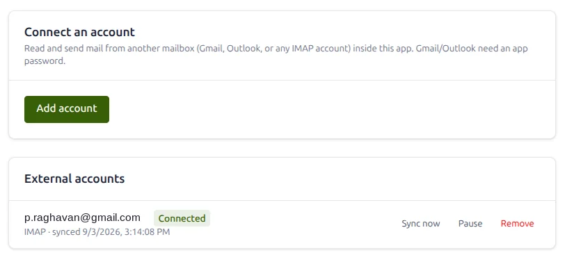 A connected external account showing its sync status, with Sync now, Pause and Remove controls