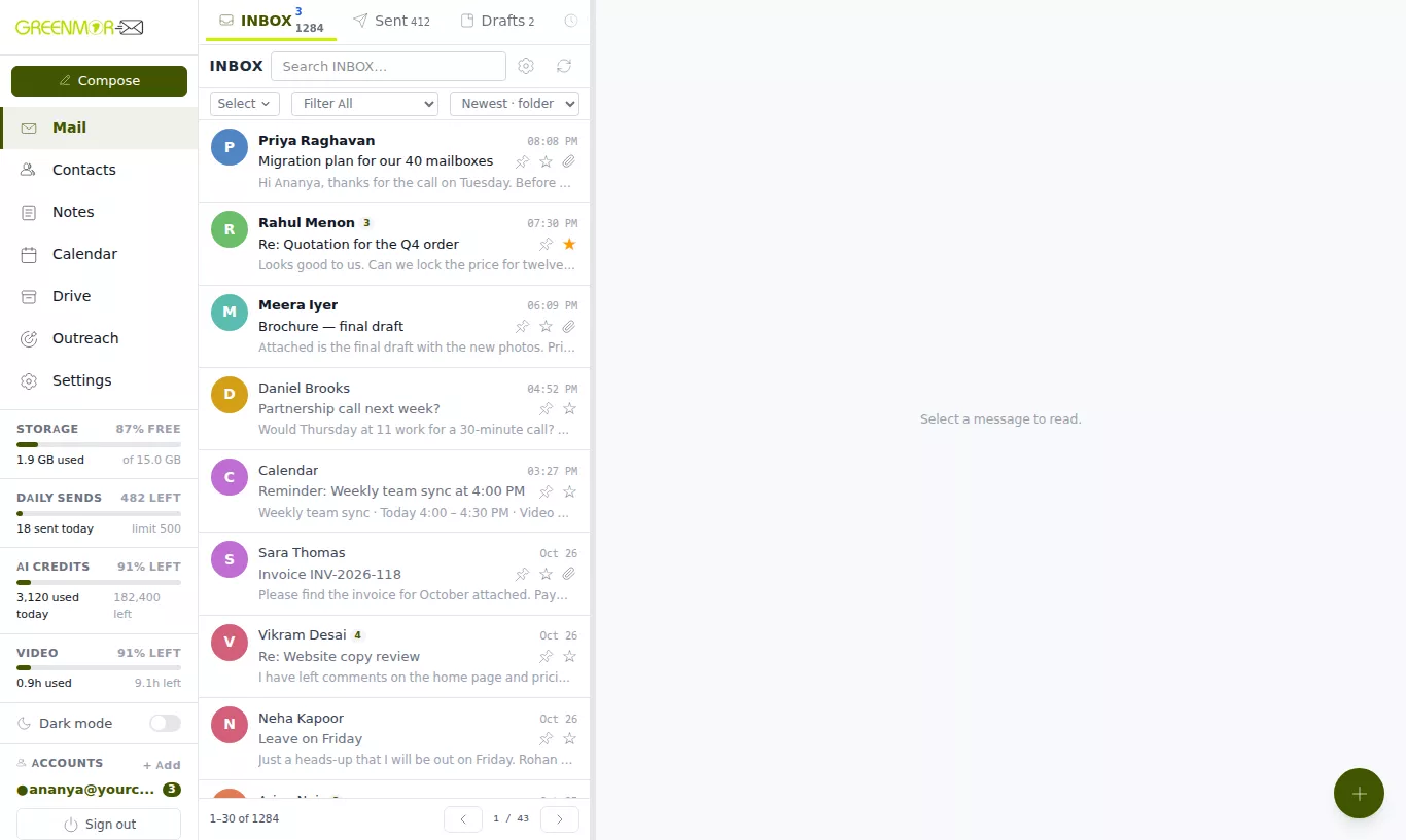 The GreenmorMail webmail: the inbox with the sidebar, folders and message list