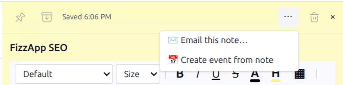 The menu open on a GreenmorMail note offering email this note and create event from note