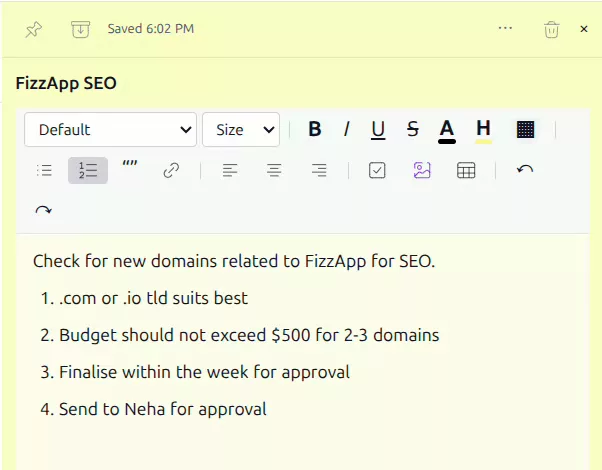 A note open in the GreenmorMail editor with a heading and a numbered list, the saved indicator at the top and the word count at the bottom