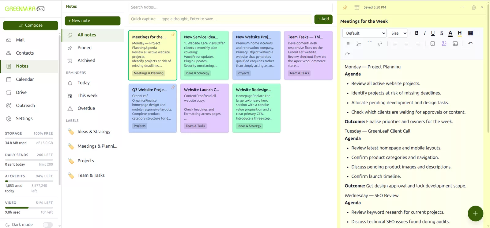 The Notes app in GreenmorMail with colour-coded notes in a grid and labels and reminders in the left rail
