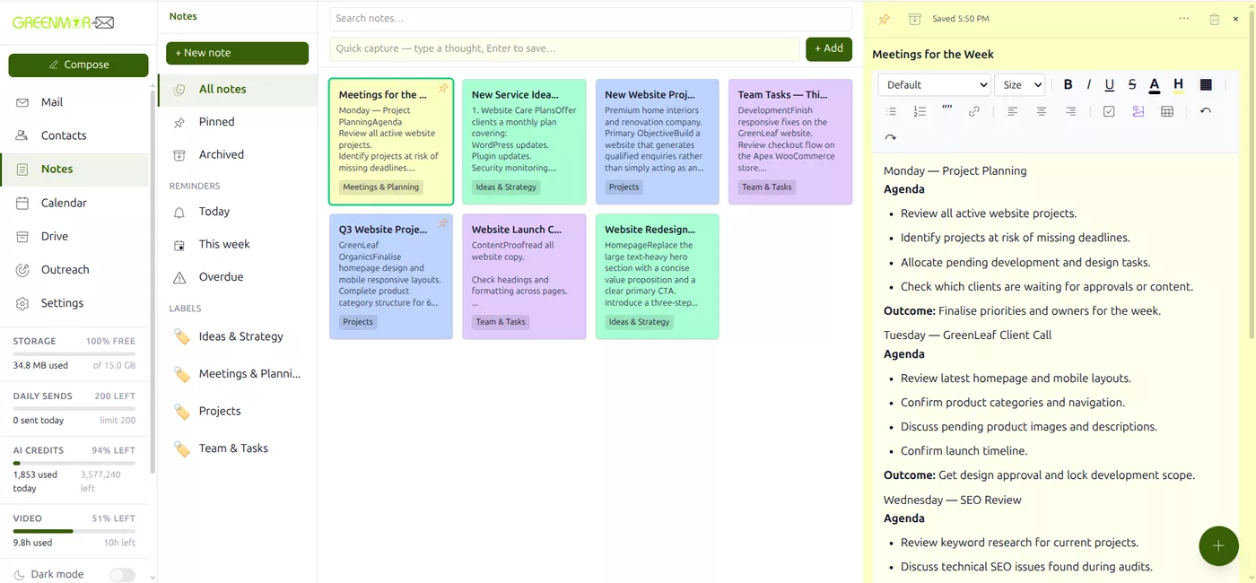 The Notes grid in GreenmorMail showing colour-coded notes with labels, pinned notes first