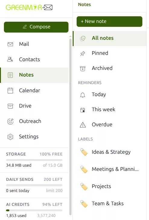 The left rail in GreenmorMail Notes: all notes, pinned and archived, reminder counts for today, this week and overdue, and the list of labels