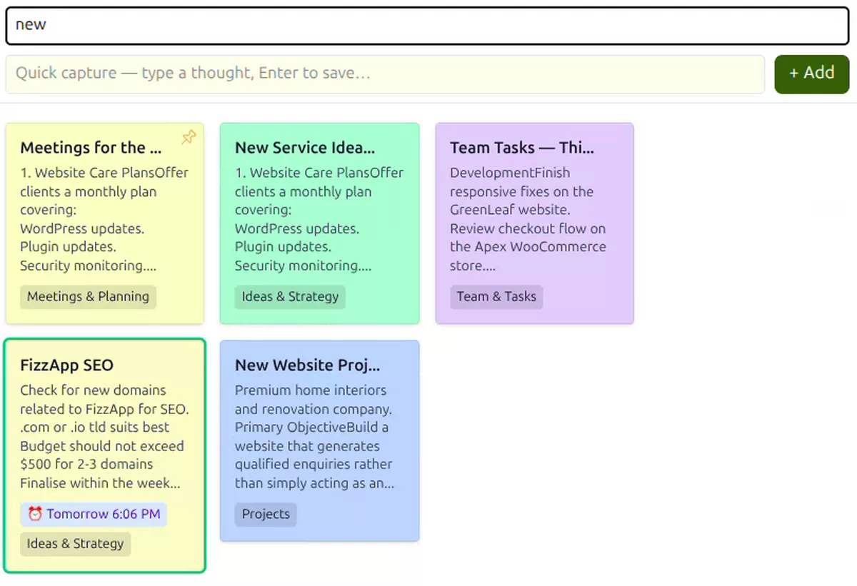 Searching Notes in GreenmorMail, with the board narrowed to the matching notes as the query is typed
