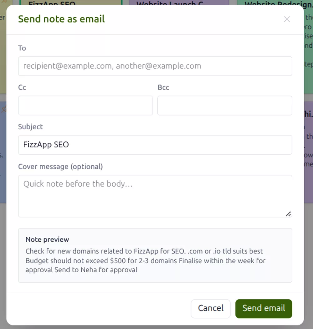 The send note as email window in GreenmorMail with recipient, cc, bcc, subject, a cover message and a preview of the note that will become the body