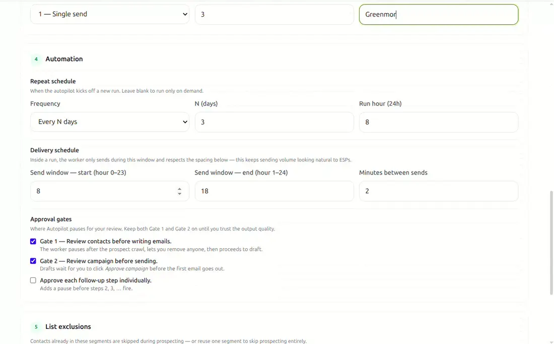Autopilot scheduling with repeat frequency, delivery window and approval gates